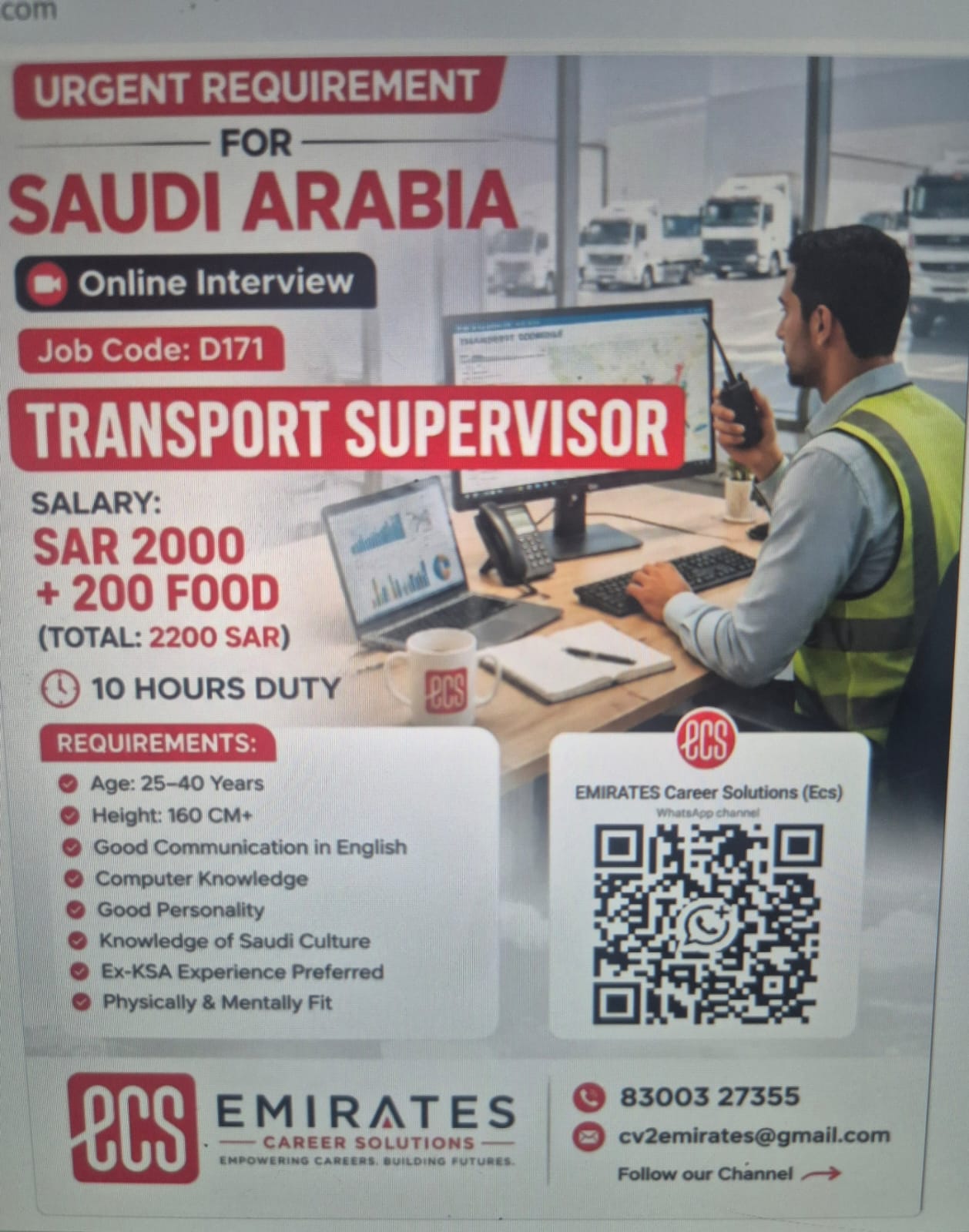 Required Transport Supervisor Saudi
